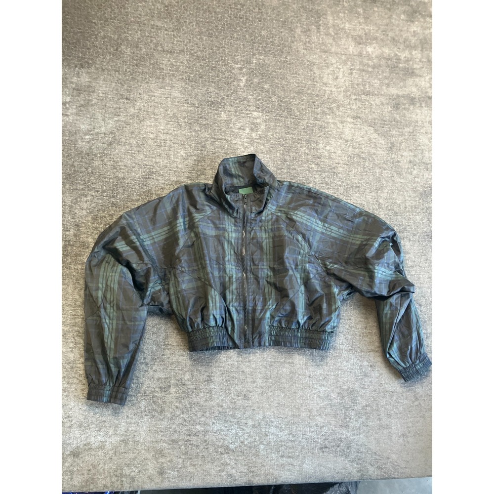 Wild Fable Cropped Windbreaker Jacket Womens Small Green Plaid Mesh Lined Zip Up